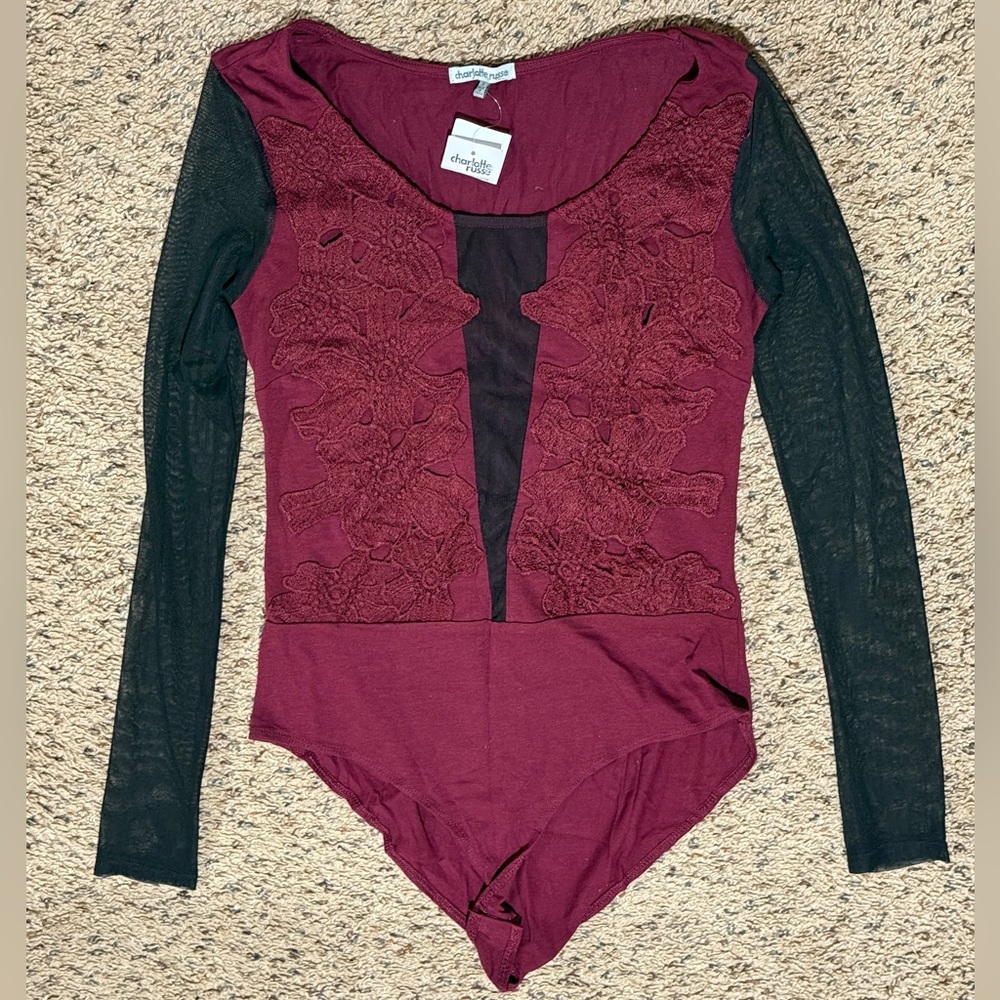 Charlotte Russe Maroon/ Burgundy and Black Lace Bodysuit Size Small